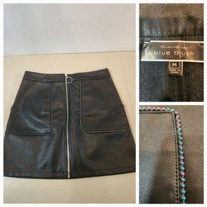 Blue Blush Women's Medium Black Faux Leather Skirt Rainbow Detail Mini Short Zip